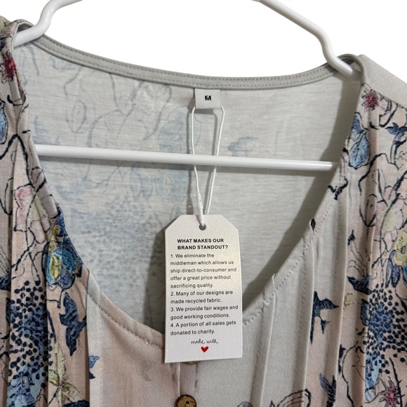 New Floral Lace Trim Henley Tunic Top Pink Blue Boho 3/4 Sleeve Medium - Picture 4 of 6